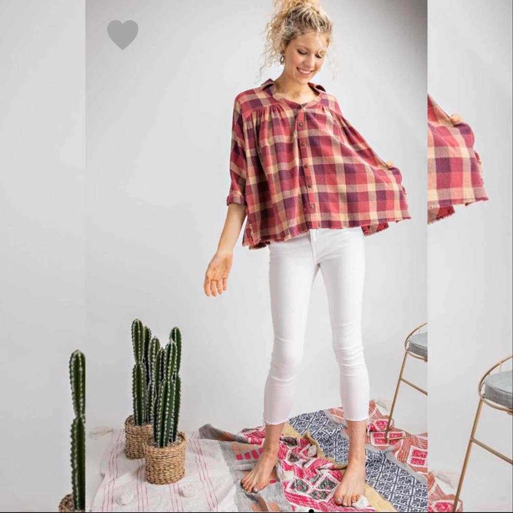 Plaid Button Down Oversize Shirt Top- Faded Rust - Picture 2 of 4